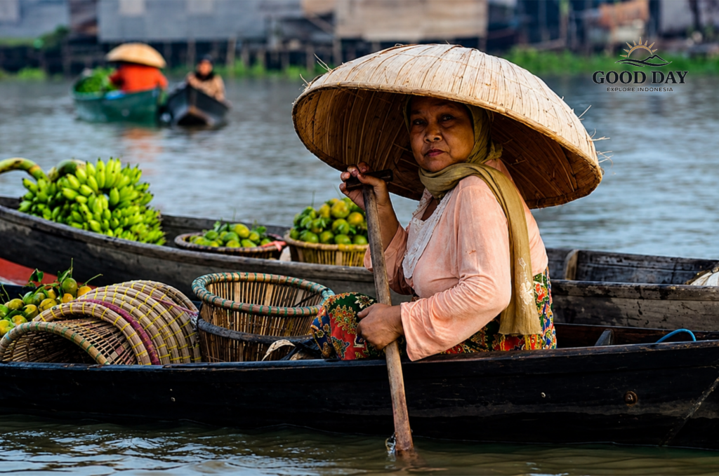 Kalimantan woman on boat selling fresh produce at Banjarmasin floating market