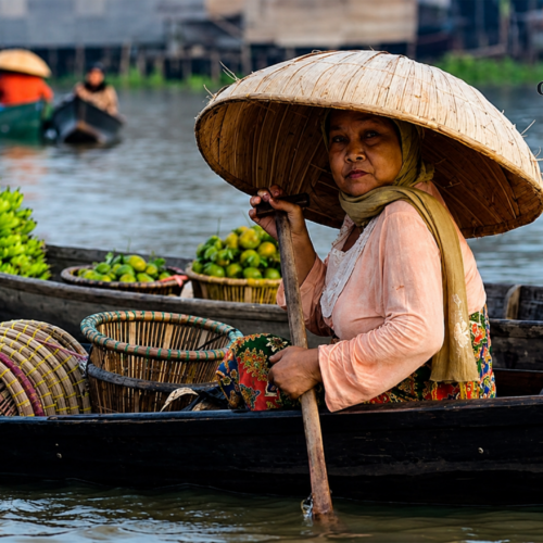 Kalimantan woman on boat selling fresh produce at Banjarmasin floating market
