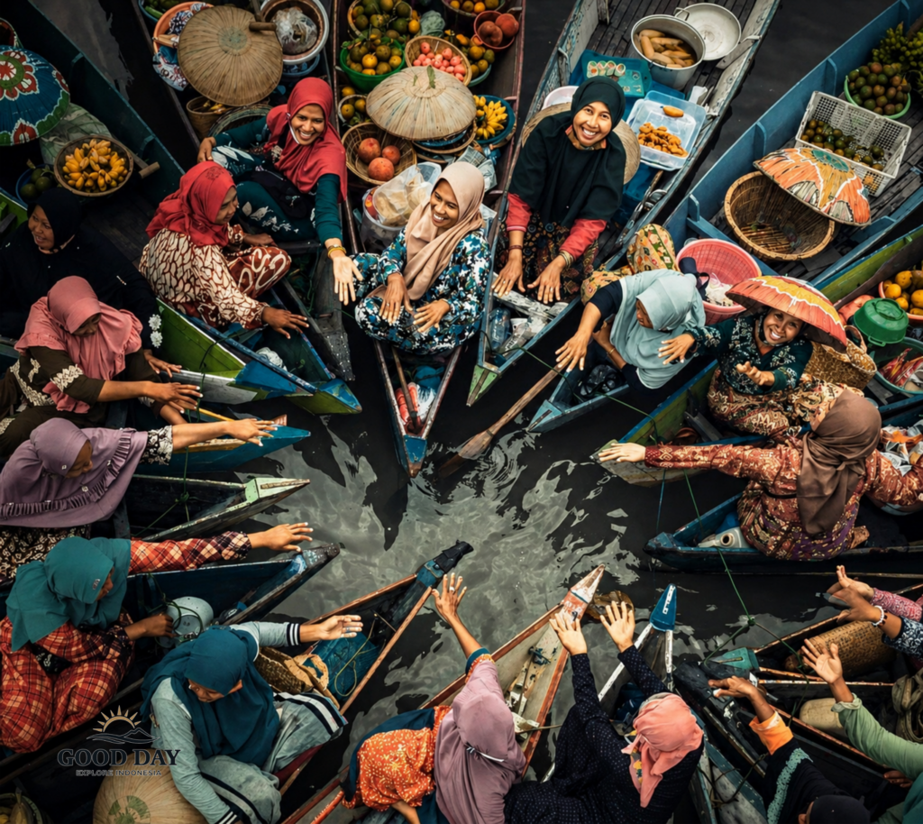 Local women trading fruits and snacks on boats in Banjarmasin