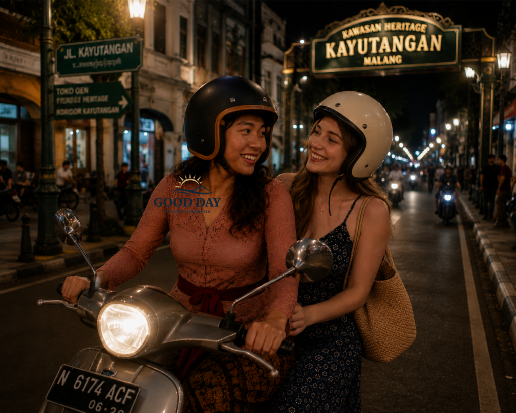 Two women riding a scooter at night in Kayutangan Heritage Malang, Indonesia, wearing helmets and smiling while exploring the vibrant historic street filled with city lights and colonial architecture.