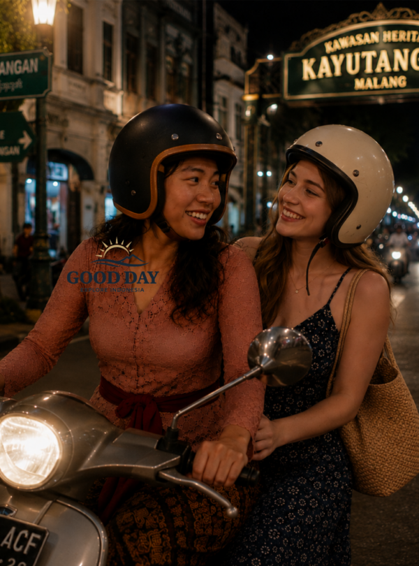 Two women riding a scooter at night in Kayutangan Heritage Malang, Indonesia, wearing helmets and smiling while exploring the vibrant historic street filled with city lights and colonial architecture.