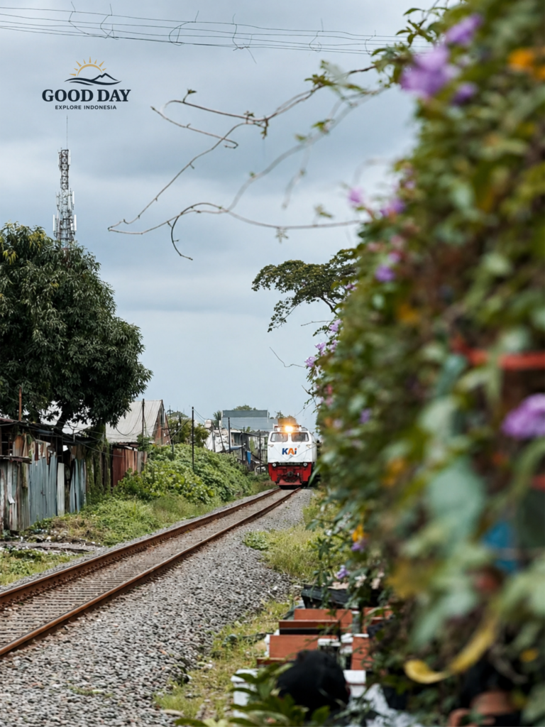A KAI train traveling through a railway track in Malang, East Java, surrounded by lush greenery, flowering plants, and local neighborhoods under a dramatic cloudy sky.