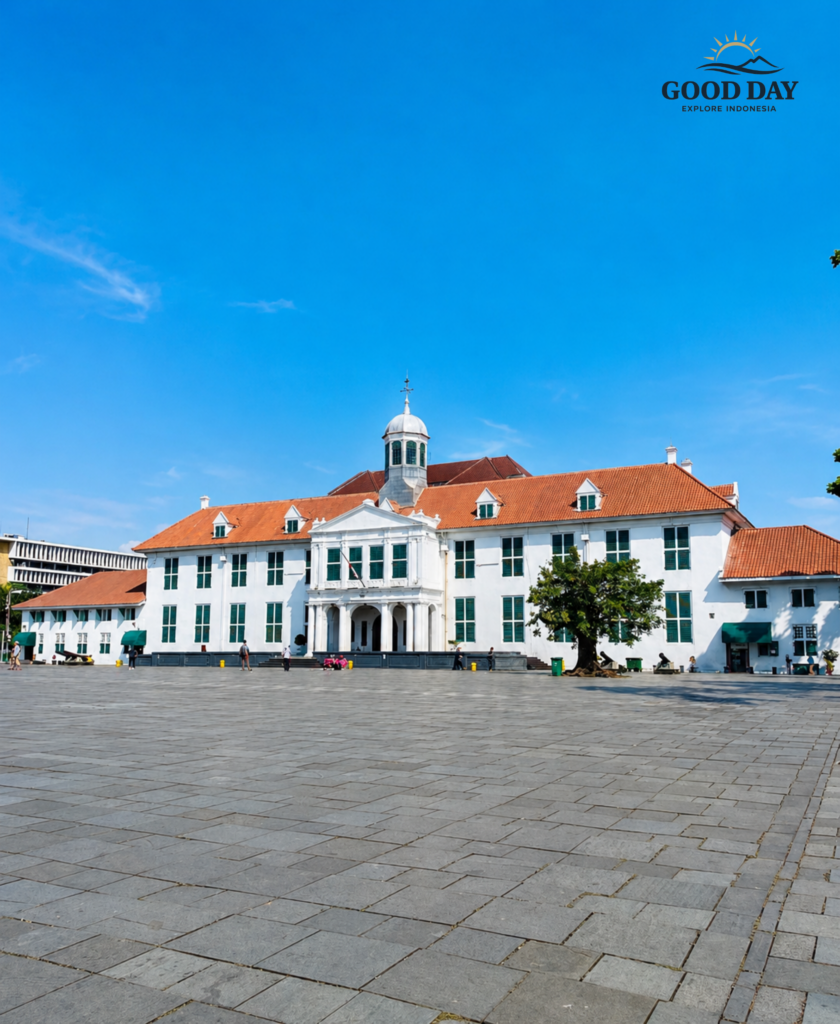 Historic Fatahillah Museum building in Jakarta Old Town featuring Dutch colonial architecture, white facade, red roof tiles, and a large public square under a bright blue sky in Jakarta, Indonesia.