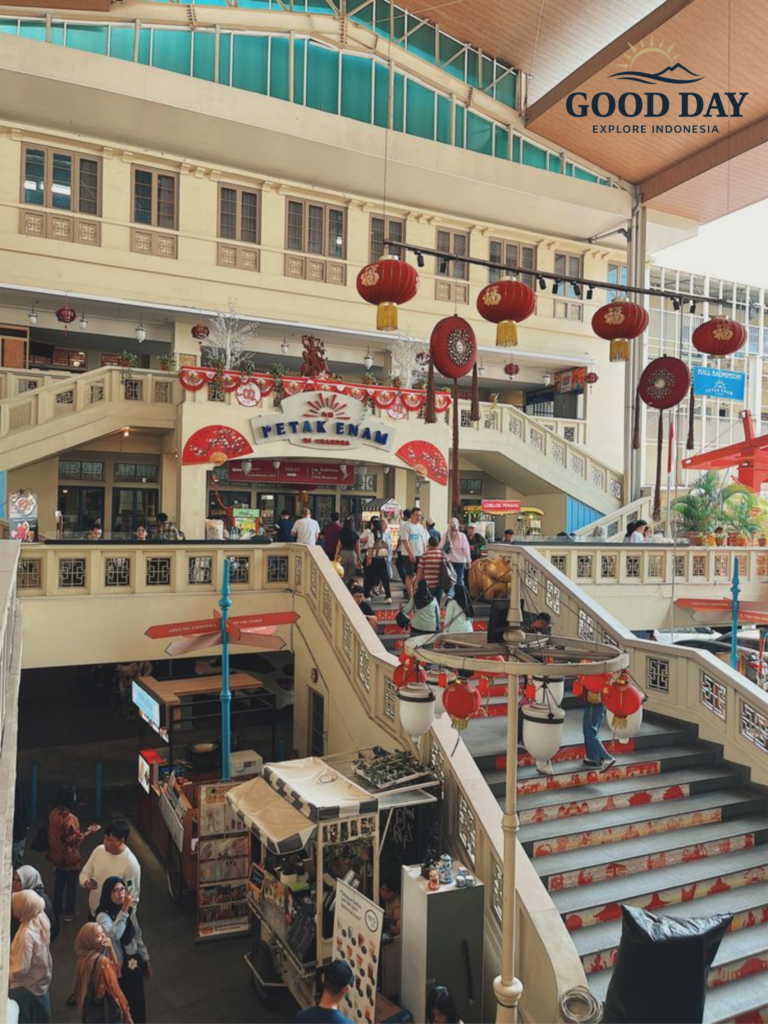 Visitors exploring Petak Enam in Glodok Chinatown Jakarta, featuring traditional Chinese-inspired architecture, red lantern decorations, food stalls, and cultural attractions.