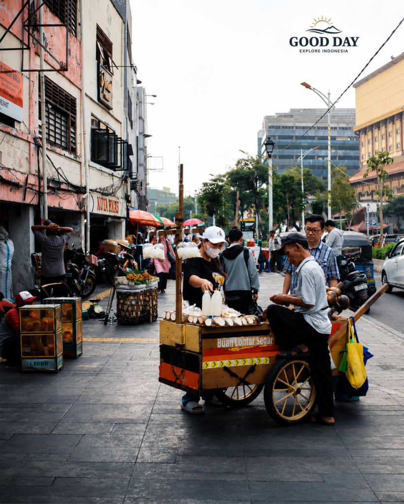 A traditional street vendor selling fresh lontar palm fruit drinks in Glodok Chinatown, Jakarta, surrounded by local shoppers and historic urban streets.