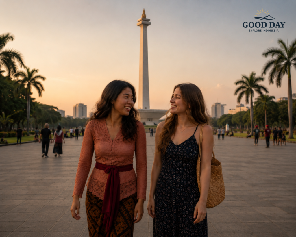 Two women walking together at Monas (National Monument) in Jakarta during sunset, enjoying a cultural sightseeing experience in Indonesia's capital city.
