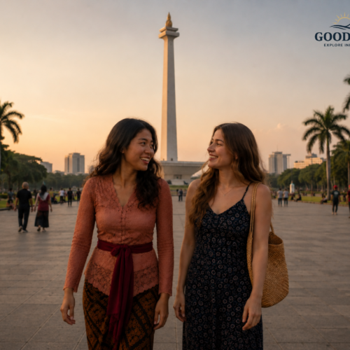 Two women walking together at Monas (National Monument) in Jakarta during sunset, enjoying a cultural sightseeing experience in Indonesia's capital city.