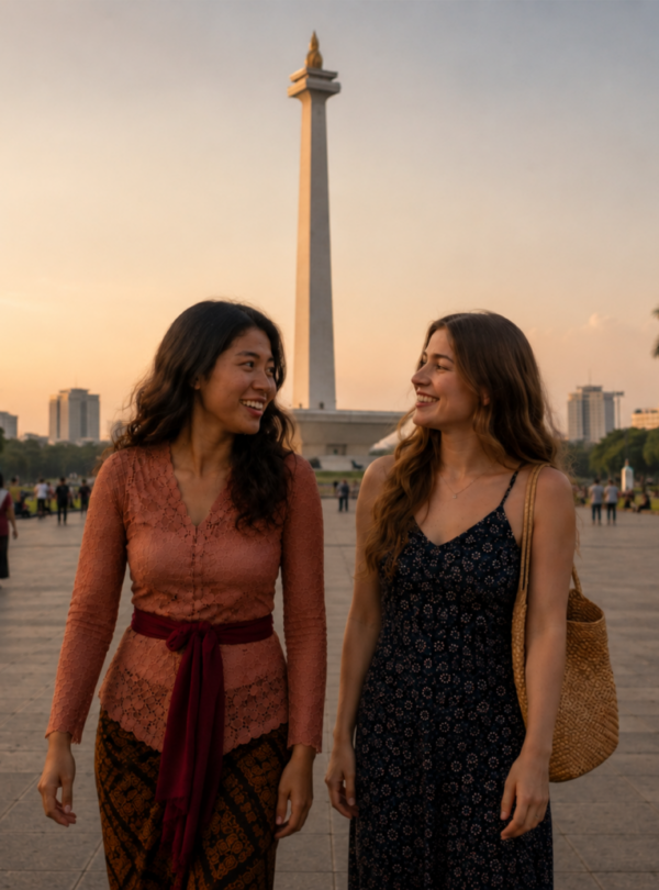 Two women walking together at Monas (National Monument) in Jakarta during sunset, enjoying a cultural sightseeing experience in Indonesia's capital city.