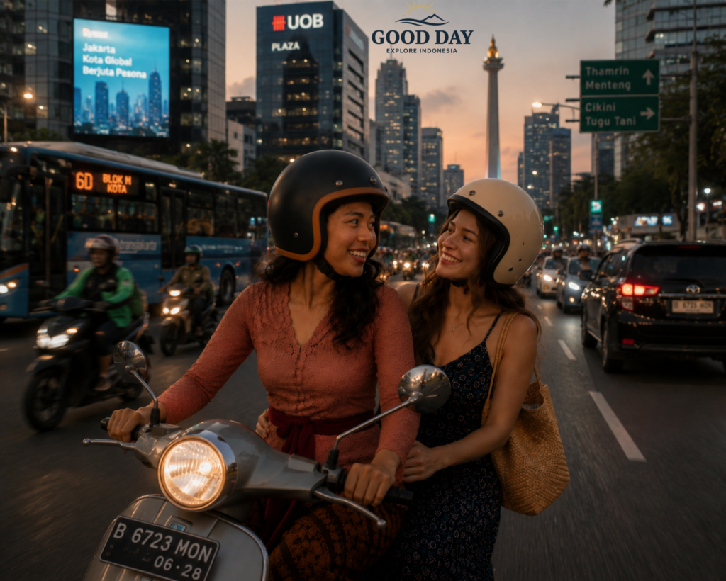Two women riding a scooter through Jakarta's bustling city center at sunset, with Monas National Monument and the Jakarta skyline visible in the background.