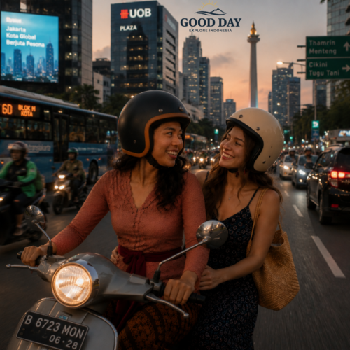 Two women riding a scooter through Jakarta's bustling city center at sunset, with Monas National Monument and the Jakarta skyline visible in the background.