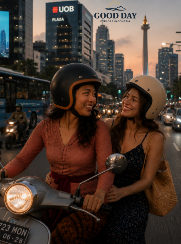 Two women riding a scooter through Jakarta's bustling city center at sunset, with Monas National Monument and the Jakarta skyline visible in the background.