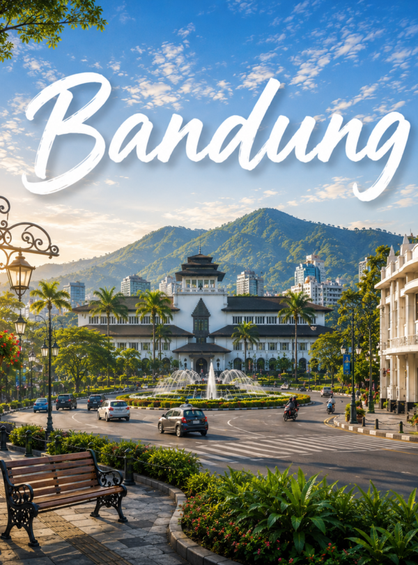Beautiful morning view of Bandung city in West Java, Indonesia, featuring Gedung Sate, mountain scenery, palm-lined streets, colonial architecture, and a vibrant urban atmosphere.