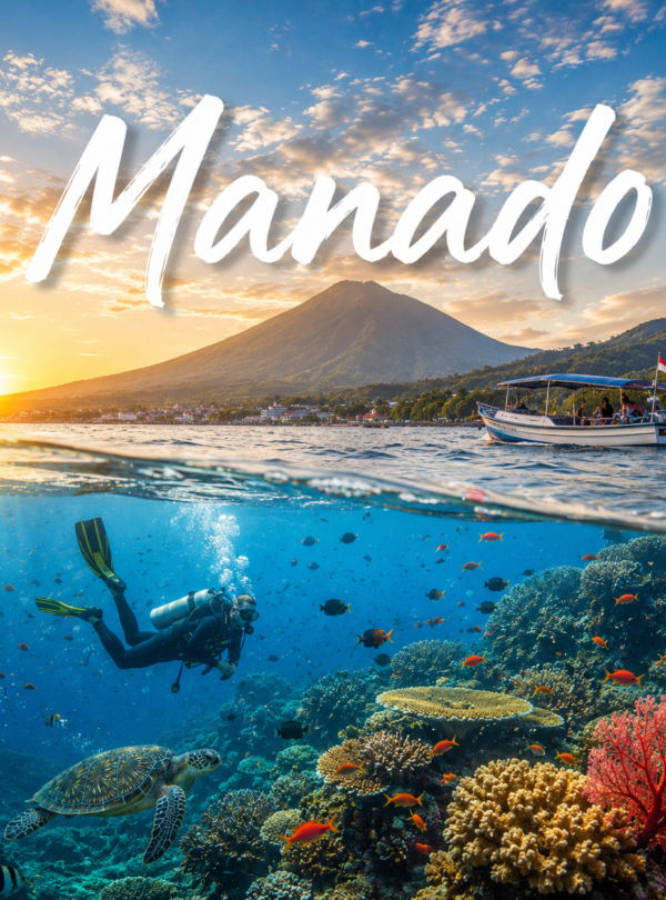 Beautiful underwater and coastal view of Manado, Indonesia featuring coral reefs, tropical fish, sea turtle, scuba diver, traditional boat, and Mount Manado Tua during a golden sunset.