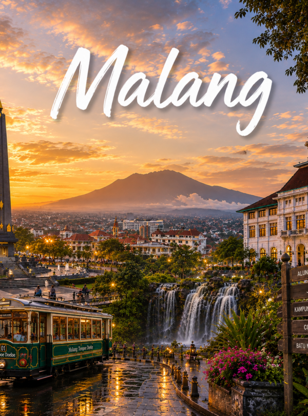 Beautiful sunset view of Malang City, Indonesia featuring Tugu Malang monument, colonial architecture, mountain scenery, waterfalls, and a vintage tram with the word “Malang” displayed in elegant white typography.