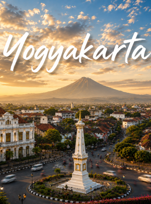 Sunrise view of Yogyakarta city in Indonesia featuring the Tugu Yogyakarta monument, traditional architecture, busy streets, and Mount Merapi in the background under a golden morning sky