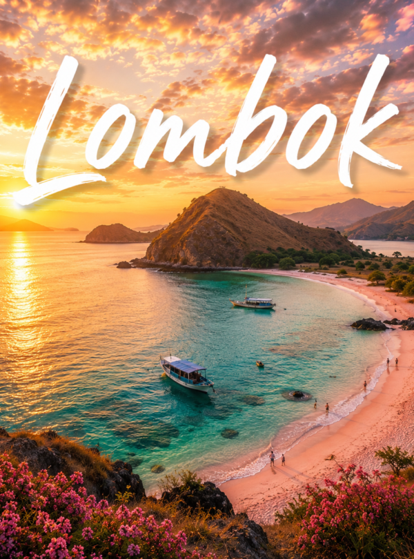 Beautiful sunset view of Lombok Island, Indonesia, featuring turquoise ocean water, tropical beaches, traditional boats, rolling hills, and a peaceful coastal landscape during golden hour.