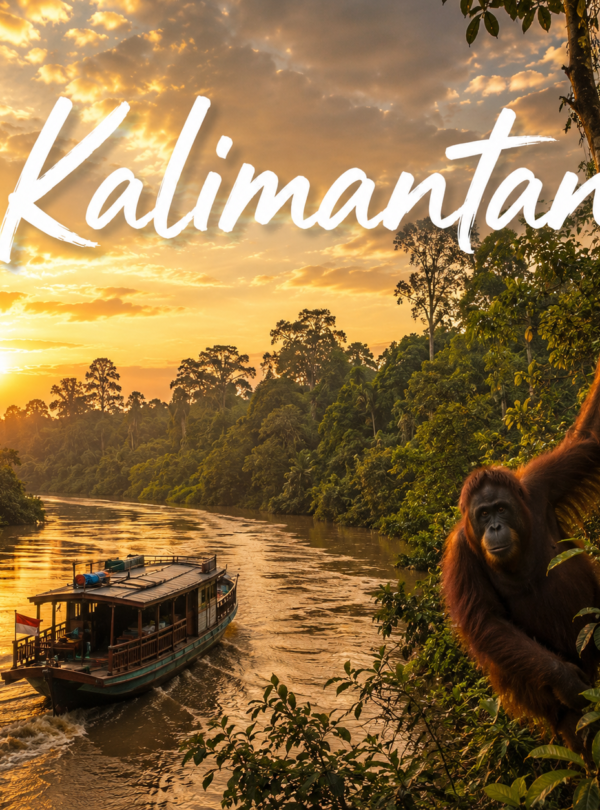 Sunset view of the Kalimantan rainforest with a traditional river boat sailing through a jungle river while an orangutan hangs from a tree beside the water in Borneo, Indonesia.