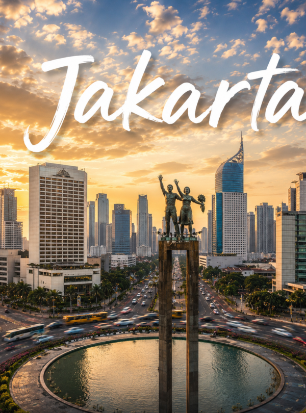 Jakarta city skyline at sunset featuring the Selamat Datang Monument at Bundaran HI, modern skyscrapers, busy streets, and golden evening light in Indonesia’s capital city.