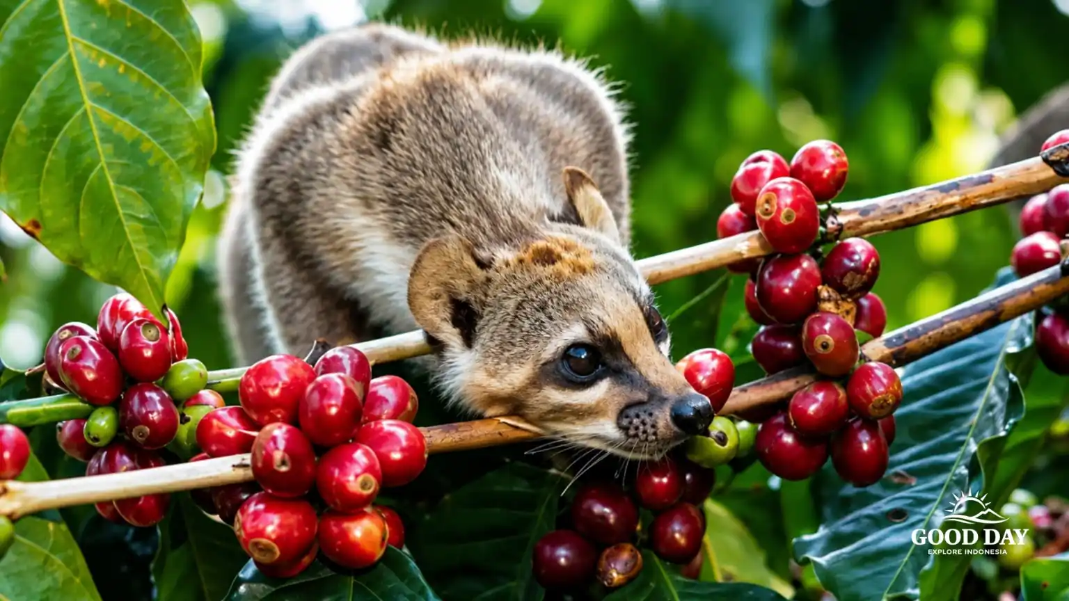 An Asian palm civet (luwak) among ripe coffee cherries at a coffee plantation in Bogor, West Java, Indonesia, where authentic Kopi Luwak is traditionally produced.