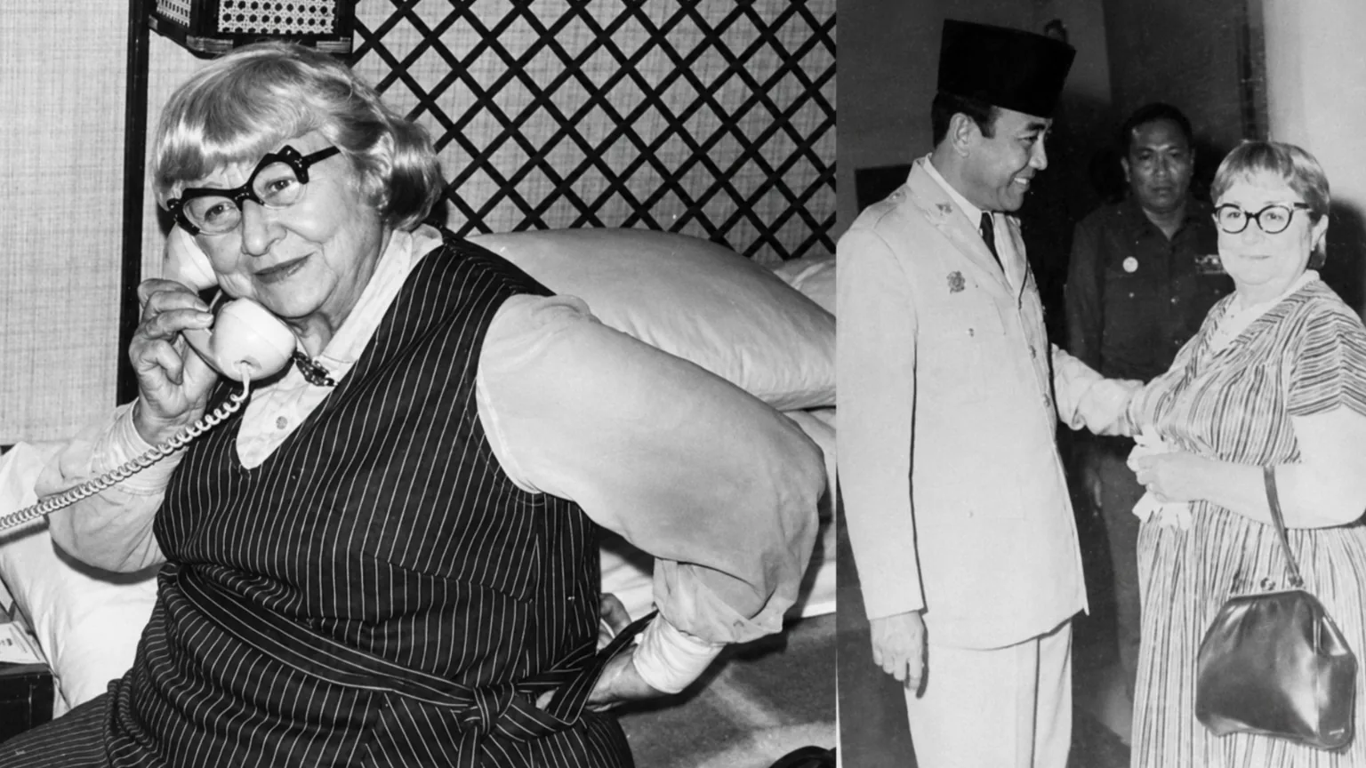 Historical photographs of K'tut Tantri (Surabaya Sue), the Scottish-born supporter of Indonesian independence, including a portrait and a meeting with President Sukarno during the Indonesian National Revolution.