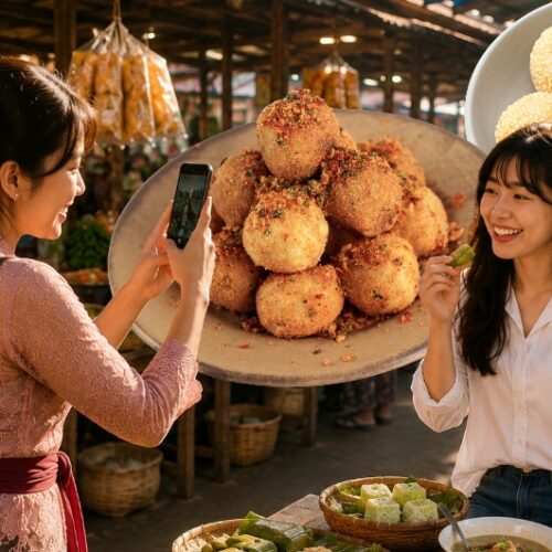Travelers exploring Malang local market and tasting authentic Indonesian street food during Good Day Malang Motorbike Food Tour
