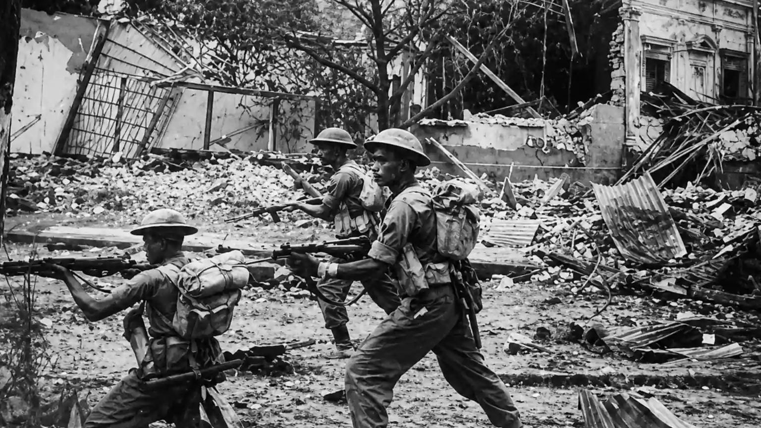 Indonesian freedom fighters advancing through the ruins of Surabaya during the Battle of Surabaya on November 10, 1945, one of the most important battles of the Indonesian National Revolution.