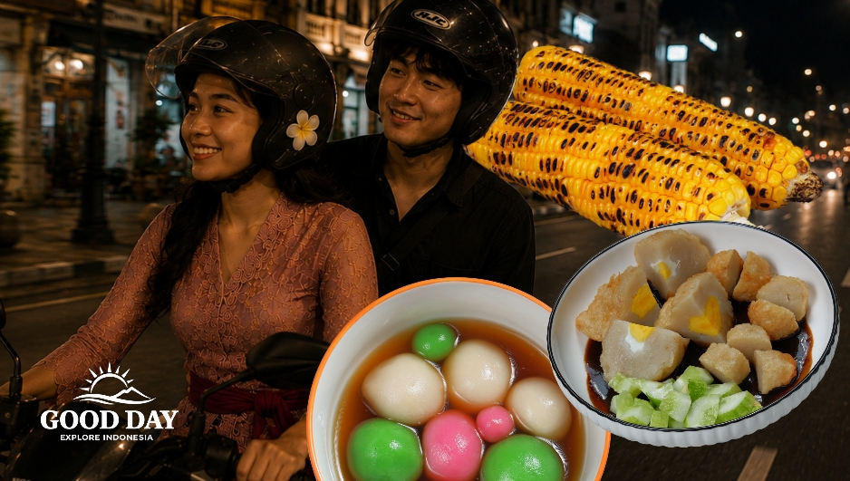 Yogyakarta Night Motorbike Food Tour with Good Day local guide tasting authentic street food including wedang ronde and pempek while exploring Jogja by motorbike