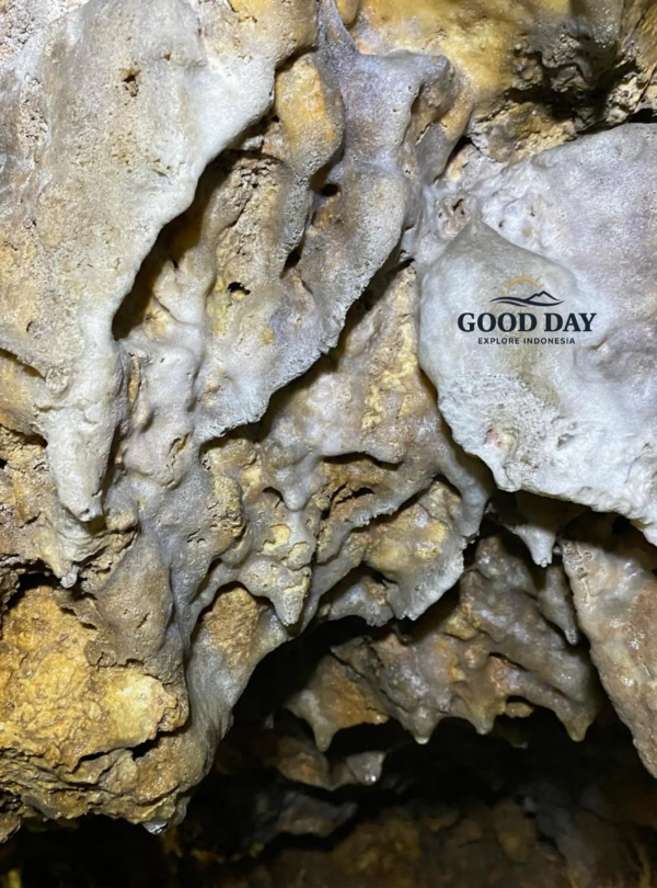 Close-up view of natural limestone cave formations inside Goa Macan Mati, Yogyakarta, Indonesia. Intricate stalactites and flowstone formations created over thousands of years are illuminated by cave exploration lighting, revealing unique textures, mineral deposits, and the hidden underground beauty of one of Jogja's most fascinating caves.