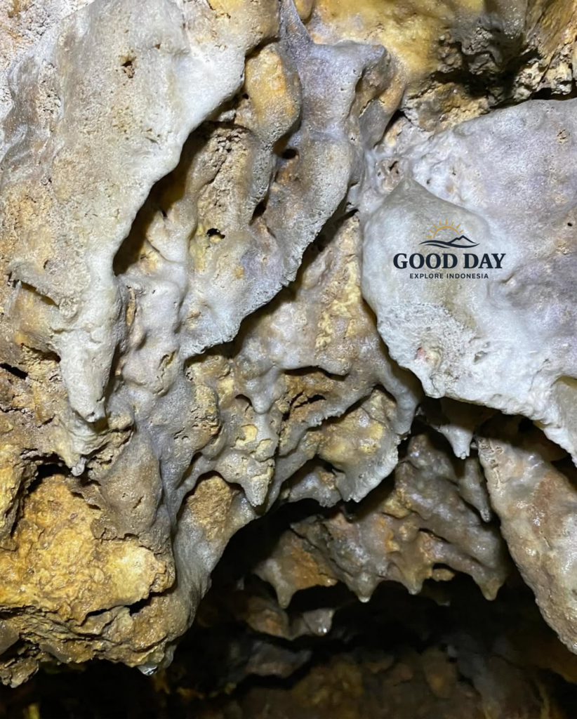 Close-up view of natural limestone cave formations inside Goa Macan Mati, Yogyakarta, Indonesia. Intricate stalactites and flowstone formations created over thousands of years are illuminated by cave exploration lighting, revealing unique textures, mineral deposits, and the hidden underground beauty of one of Jogja's most fascinating caves.