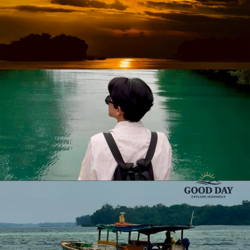 Collage of a tropical island adventure featuring a dramatic golden sunset over the sea, a traveler standing on a bridge overlooking crystal-clear turquoise water, and a traditional wooden boat cruising across calm coastal waters surrounded by lush islands in Indonesia.