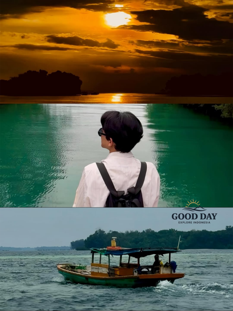 Collage of a tropical island adventure featuring a dramatic golden sunset over the sea, a traveler standing on a bridge overlooking crystal-clear turquoise water, and a traditional wooden boat cruising across calm coastal waters surrounded by lush islands in Indonesia.