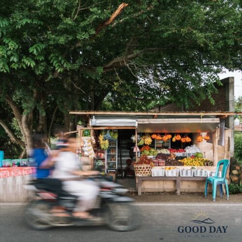 Traditional roadside fruit stall in Lombok, Indonesia, displaying fresh tropical fruits beneath large shade trees while a motorbike passes by, capturing the authentic rhythm of daily local life.