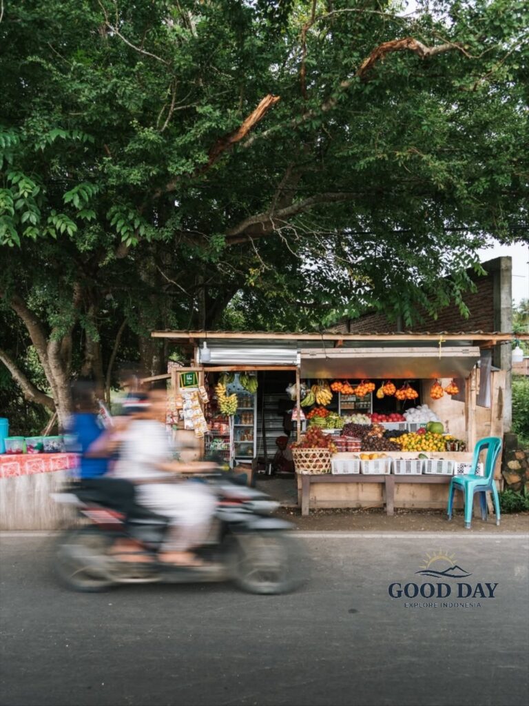 Traditional roadside fruit stall in Lombok, Indonesia, displaying fresh tropical fruits beneath large shade trees while a motorbike passes by, capturing the authentic rhythm of daily local life.