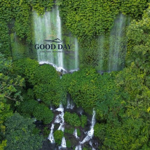 Benang Kelambu Waterfall in Lombok, Indonesia, featuring multiple streams of water flowing through lush green tropical vegetation and cascading over moss-covered cliffs in a pristine rainforest setting.