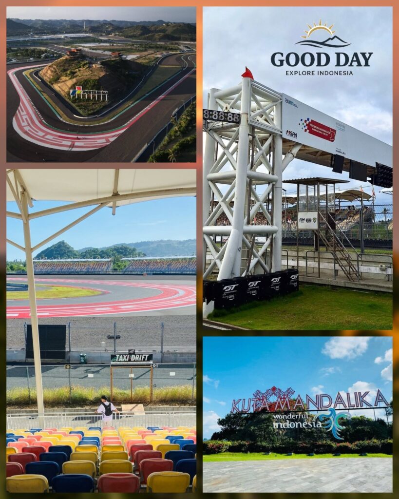 Collage of Pertamina Mandalika International Circuit in Lombok, Indonesia, featuring the world-class MotoGP race track, grandstands, start-finish tower, iconic circuit corners, and Kuta Mandalika landmark surrounded by scenic coastal landscapes.