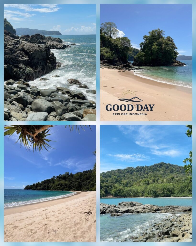 Collage of Kuta Mandalika Beach in Lombok, Indonesia, featuring pristine white-sand beaches, turquoise waters, dramatic volcanic rock formations, lush tropical forest, and a secluded coastal landscape under a bright blue sky.