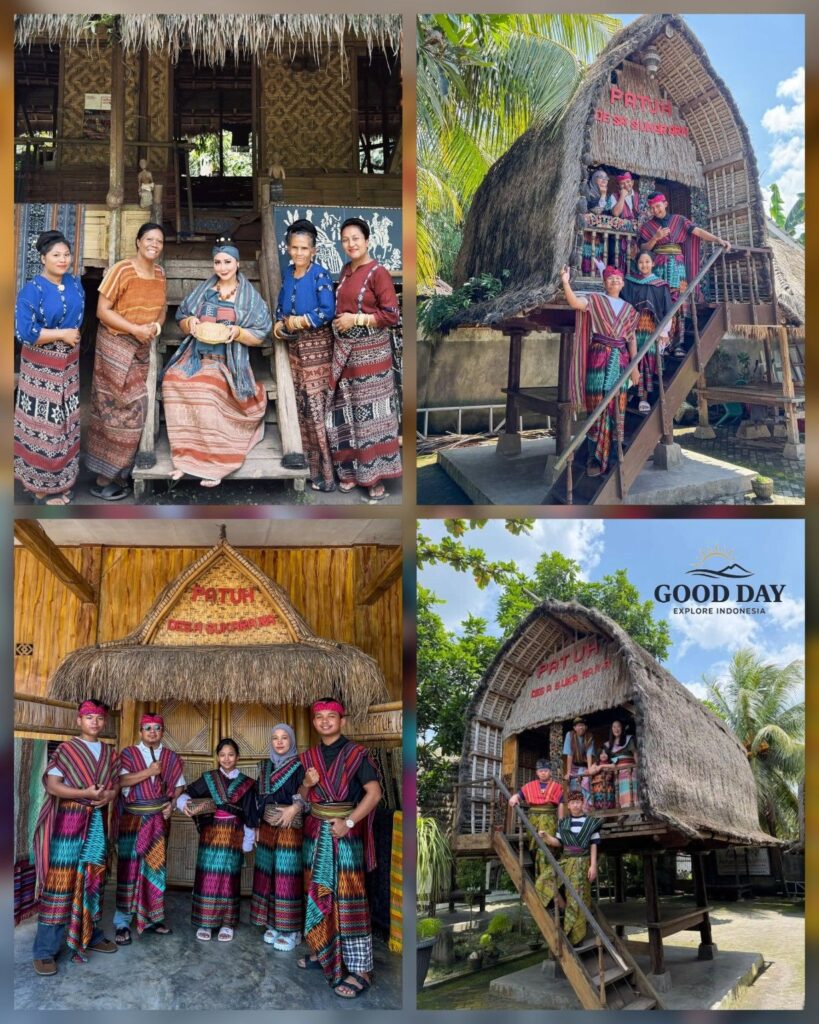 Visitors wearing traditional Sasak woven clothing pose in front of traditional houses at Sukarara Weaving Village, Lombok, Indonesia. The cultural village showcases authentic handwoven textiles, traditional architecture, and local weaving heritage of the Sasak people.