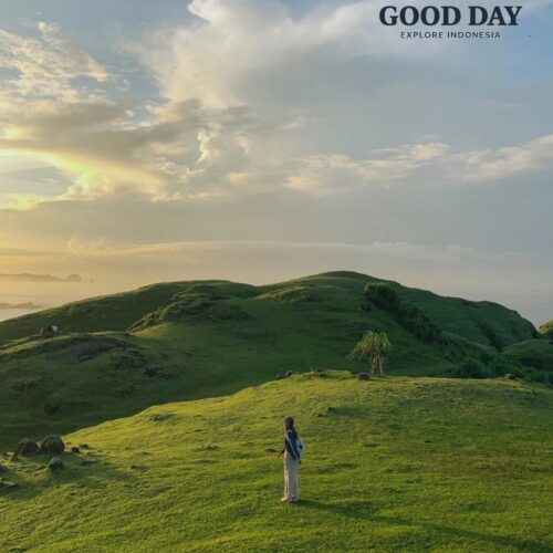 Traveler standing on the rolling green hills of Merese Hill in Lombok, Indonesia, during golden hour. The scenic landscape features lush grass-covered hills, dramatic clouds, soft sunset light, and panoramic views of the coastline near Kuta Mandalika.