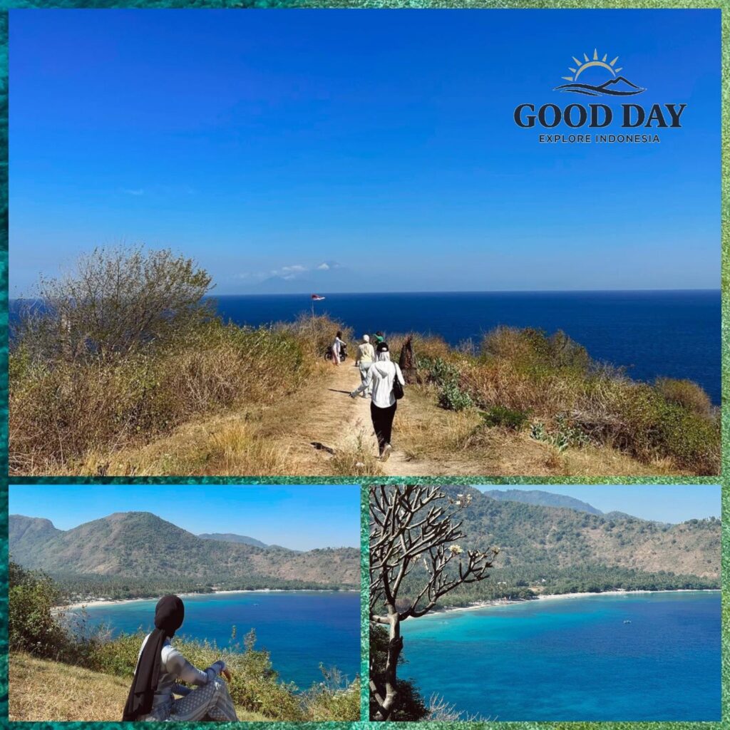 Travelers hiking along Malibu Hill in Lombok, Indonesia, overlooking a breathtaking turquoise bay and the deep-blue waters of the Indian Ocean. This scenic viewpoint offers panoramic coastal landscapes, rolling hills, and one of the most beautiful ocean views in Lombok.