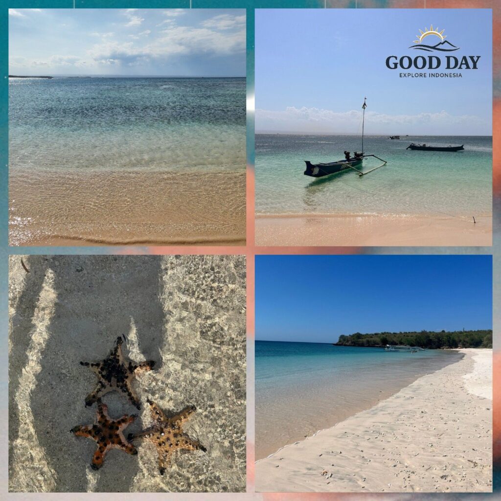 A beautiful collage of Segui Beach in Lombok featuring pristine white sand, crystal-clear turquoise water, a traditional Indonesian fishing boat floating in shallow lagoons, colorful starfish in transparent waters, and a peaceful tropical coastline surrounded by untouched nature. This hidden beach offers a tranquil escape away from the crowds of Lombok.