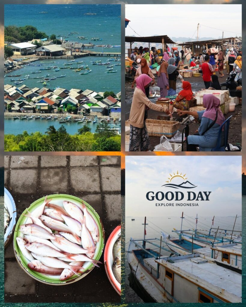 Collage showcasing Tanjung Luar Harbor in Lombok, Indonesia, featuring a bustling traditional fish market, colorful fishing boats, fresh seafood catches, coastal fishing villages, and daily life in one of Lombok’s most important fishing ports.