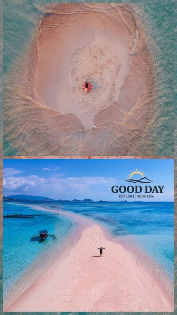 Aerial view of Gili Pasir in Lombok, Indonesia, featuring a stunning white sandbar surrounded by crystal-clear turquoise waters. The collage showcases a unique circular sand formation visible during low tide and a breathtaking sandbank stretching across the ocean, creating one of Lombok’s most iconic hidden island landscapes.