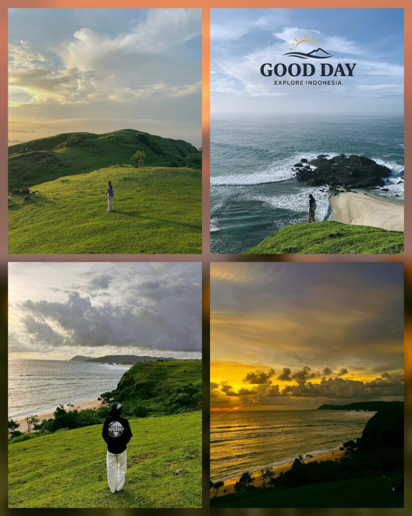Merese Hill in Lombok, Indonesia, featuring rolling green hills, dramatic coastal cliffs, panoramic ocean views, and a stunning golden sunset over the Indian Ocean. Visitors enjoy scenic viewpoints overlooking Tanjung Aan Beach and the beautiful Mandalika coastline.