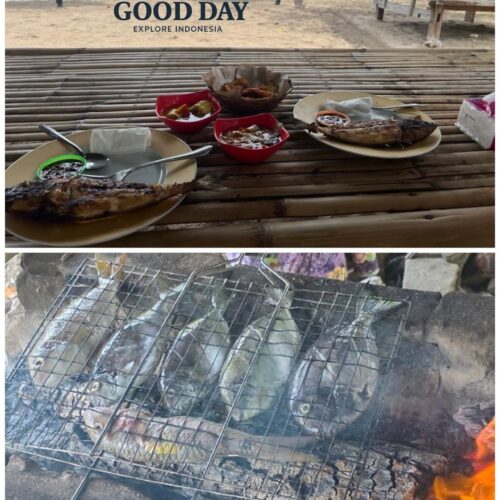 Freshly grilled seafood lunch served on Gili Nanggu Beach, Lombok, featuring grilled fish, traditional Indonesian side dishes, sambal, and local snacks on a bamboo table overlooking white sand, turquoise waters, and traditional fishing boats.