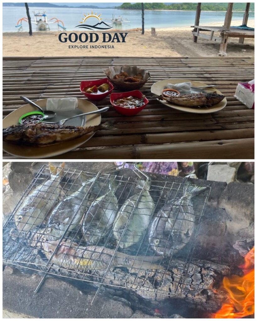 Freshly grilled seafood lunch served on Gili Nanggu Beach, Lombok, featuring grilled fish, traditional Indonesian side dishes, sambal, and local snacks on a bamboo table overlooking white sand, turquoise waters, and traditional fishing boats.