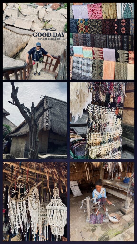 Collage showcasing Sade Traditional Village in Lombok, Indonesia, featuring traditional Sasak thatched-roof houses, handwoven textiles, local handicrafts made from shells, traditional village architecture, and a Sasak woman demonstrating traditional weaving techniques.