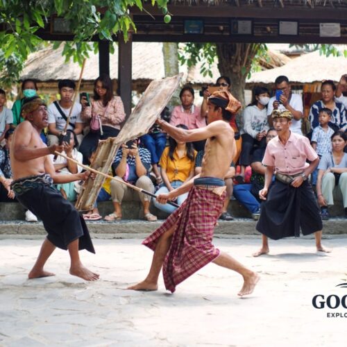 Traditional Peresean stick-fighting performance in Sade Traditional Village, Lombok, Indonesia. Sasak warriors wearing traditional sarongs engage in a cultural martial arts demonstration while visitors watch and learn about Lombok’s rich indigenous heritage.