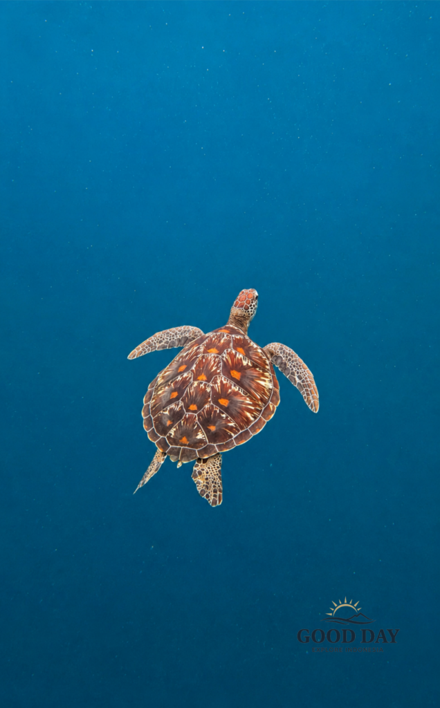 Green sea turtle swimming gracefully in the crystal-clear blue waters of Bunaken Marine Park, Manado, North Sulawesi, Indonesia. The turtle is viewed from above as it glides through the deep ocean, showcasing its beautifully patterned shell and the pristine underwater environment of one of Indonesia’s most famous diving destinations.
