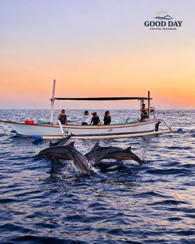 Wild dolphins swimming beside a traditional boat during a sunrise dolphin-watching tour in Bunaken, Manado, North Sulawesi, Indonesia. Travelers observe a pod of dolphins surfacing in the calm ocean against a colorful morning sky.