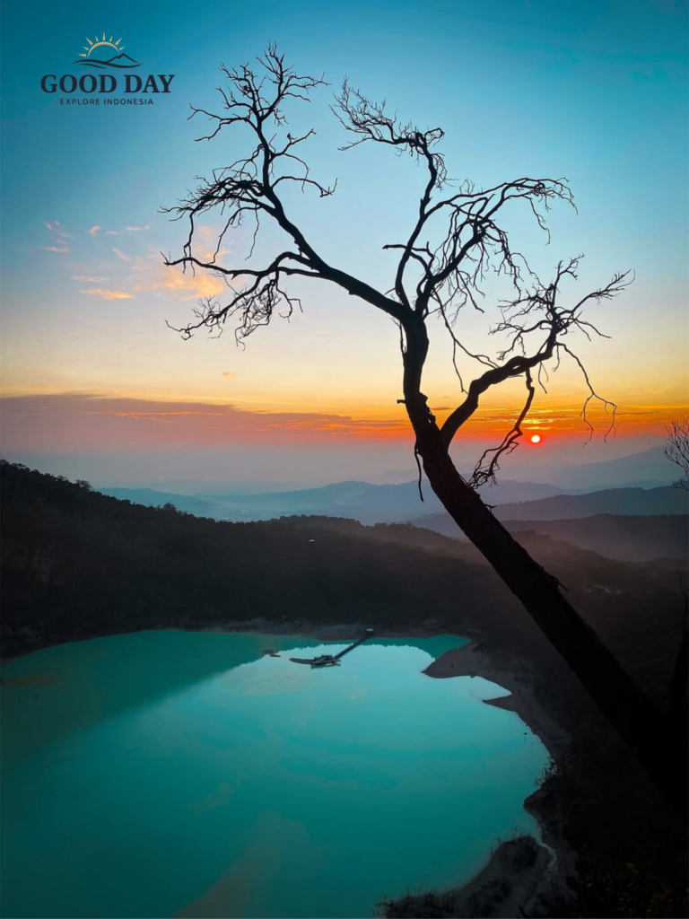 Sunrise view of Kawah Putih crater lake from Sunan Ibu Viewpoint in Ciwidey, Bandung, featuring a silhouetted tree and turquoise volcanic waters in West Java, Indonesia.